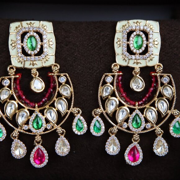 Regal Multicolor Kundan Chandbali Brass Earrings, JP02 - Picture 1 of 10